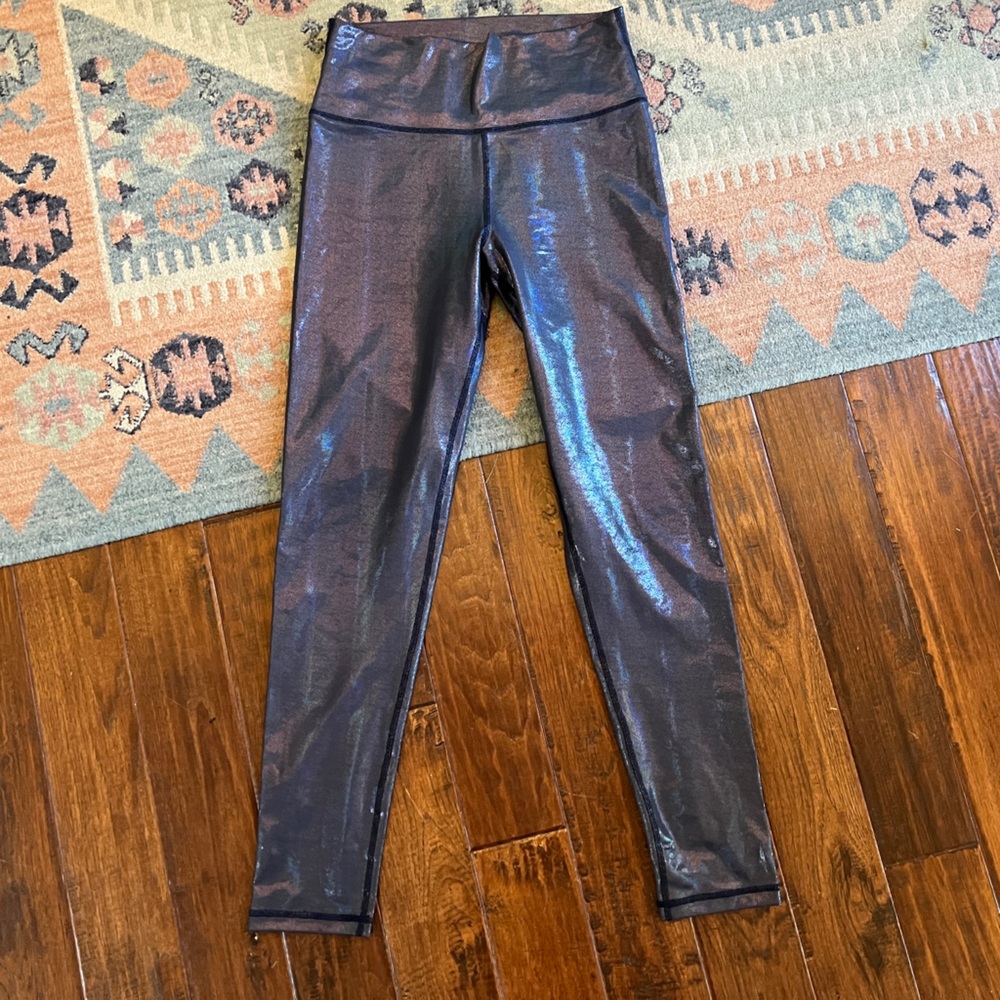 Aerie Shine Liquid Metallic Iridescent Hugger Navy Leggings L Long